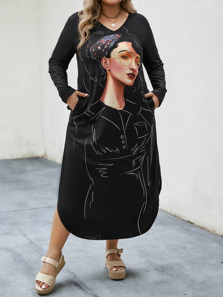 SHEIN LUNE Plus Figure Graphic Hidden Pocket Dress - Black - View 1