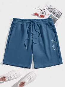 Manfinity RebelGame Men Letter Graphic Drawstring Waist Shorts - Blue - View 1