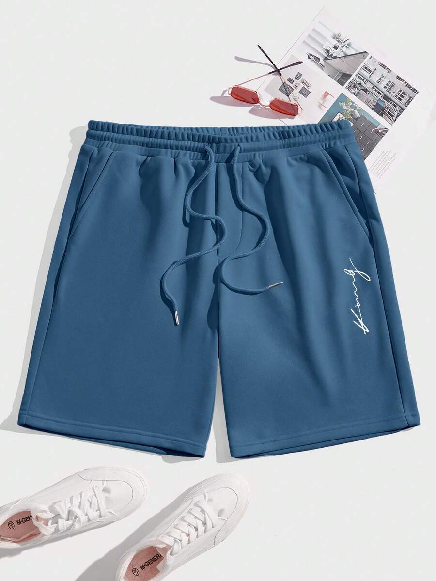 Manfinity RebelGame Men Letter Graphic Drawstring Waist Shorts - Blue - View 1
