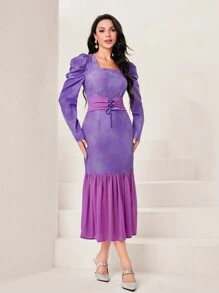 Modelyn Square Neck Puff Sleeve Lace Up Front Mermaid Hem Dress - Purple - View 5