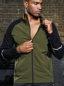 Manfinity Sport Corelite 男士連帽記載式衫衣，拉鍊式立領，撞色運動外套，側邊縫線對比設計，運動上衣 - 軍綠色 - 查看 4