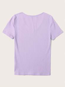 SHEIN Essnce Cổ chữ V Gân đan Áo phông trơn - Màu tím hoa cà - Xem 2