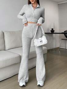 SHEIN EZwear 春季拉链罗纹针织短款 T 恤和喇叭裤两件套，女士春秋休闲罗纹针织，拉链超长袖修身灰色常规袖 T 恤裤女式两件套，休闲日常穿着 - 灰色 - 查看 5