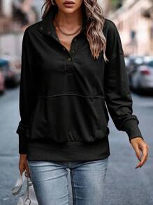 SHEIN LUNE Half Button Kangaroo Pocket Drop Shoulder Sweatshirt,Long Sleeve Tops - Black - View 4