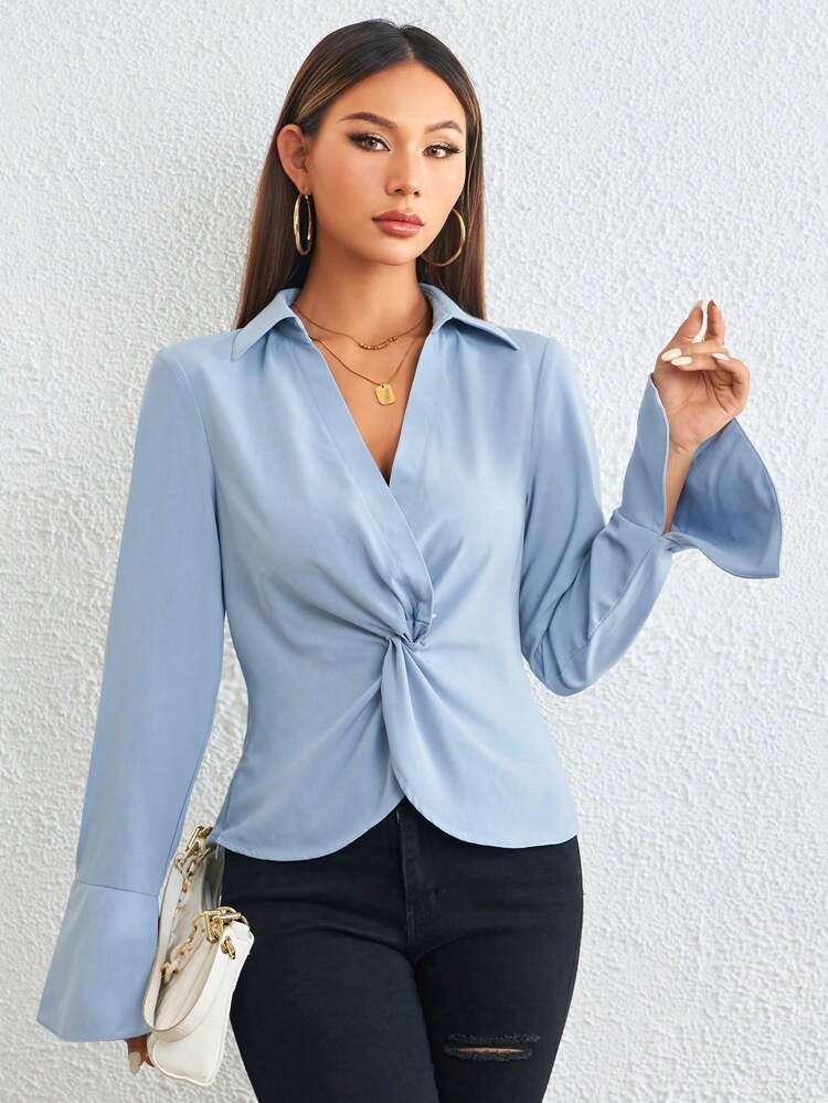 Twist Front Split Flare Sleeve Top
