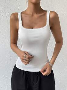 SHEIN LUNE 素色條紋針織背心上衣 - 白色 - 查看 4