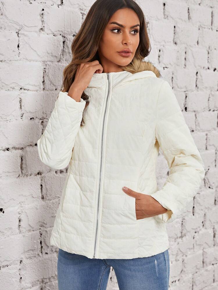 Slant Pocket Zip Up Fuzzy Trim Hooded Quilted Coat