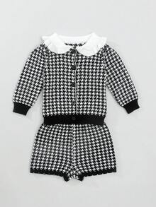 2pcs/Set Fashionable Girls' Plaid Ruffle Collar Sweater Set, Spring & Autumn - Black - View 3