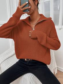 SHEIN Unity Half Zipper Drop Shoulder Sweater - Brown - View 5