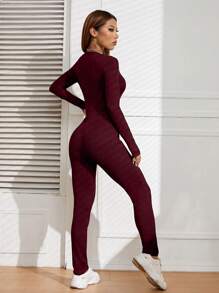 SHEIN EZwear Notched Neckline Unitard Jumpsuit Fall Cloth For Women - Burgundy - View 2