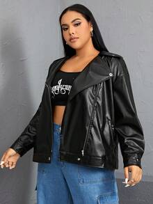 SHEIN EZwear Plus Zip Up Belted PU Leather Moto Jacket - Black - View 5