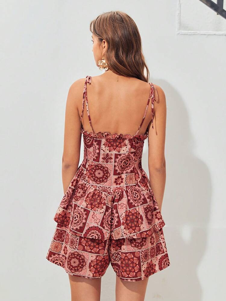 Patchwork Print Ruched Bust Ruffle Hem Cami Romper