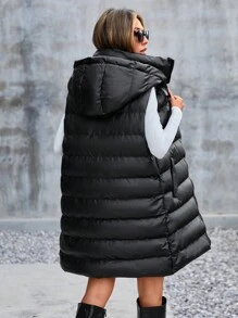 EURMUSE Slant Pockets Hooded Vest Puffer Coat - Black - View 2
