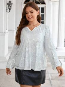 SHEIN Clasi 加缺口領口亮片襯衫 - 銀色 - 查看 1