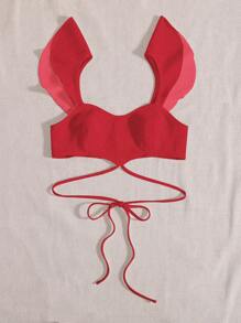 SHEIN Holidaya 荷葉邊十字交叉後綁帶短款上衣 - 紅色 - 查看 6