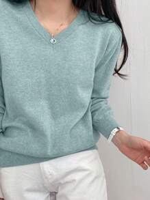 DAZY 女士纯色V领长袖休闲商务毛衣，秋冬，长袖上衣，秋季女装 - 綠色 - 查看 7