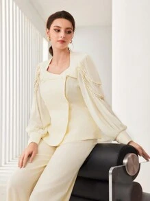 Modelyn Asymmetrical Neck Lantern Sleeve Blouse & Wide Leg Pants - Apricot - View 5