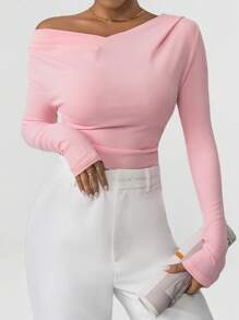 Firerie Solid V Neck Ribbed Knit Pink Top Tee - Pink - View 5