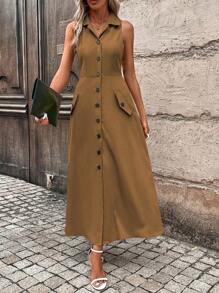SHEIN Clasi Vestido camisero sin mangas con botones delanteros lisos - Marrón - Ver 5