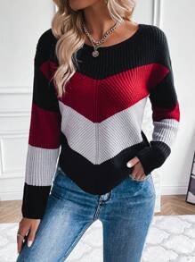 SHEIN LUNE Suéter de manga larga con diseño de bloques de color y patrón de chevron, cuello caído - Multicolor - Ver 4