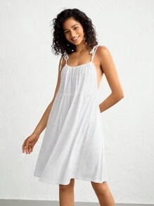 Leisure Tie Shoulder Solid Cami Night Dress - White - View 1