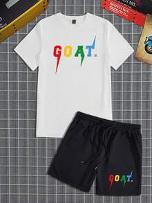 Manfinity Homme 男士字母圖案T恤&腰部抽繩短褲 - 彩色 - 查看 3