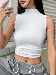 SHEIN EZwear Top tank crop de cuello alto con cordón lateral - Blanco - Ver 1