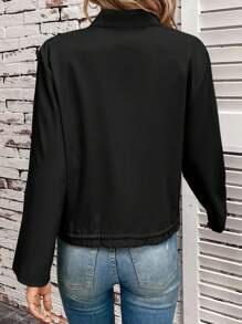 SHEIN LUNE Tay áo cuộn Túi có nắp Viền kéo ra Áo khoác - màu đen - Xem 2