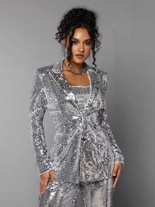 SHEIN BAE Giáng sinh Cổ áo Kim sa Áo vest - Bạc - Xem 2