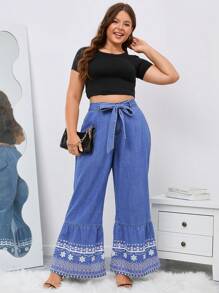 SHEIN LUNE Plus Floral Print Ruffle Hem Belted Wide Leg Jeans - Medium Wash - View 7