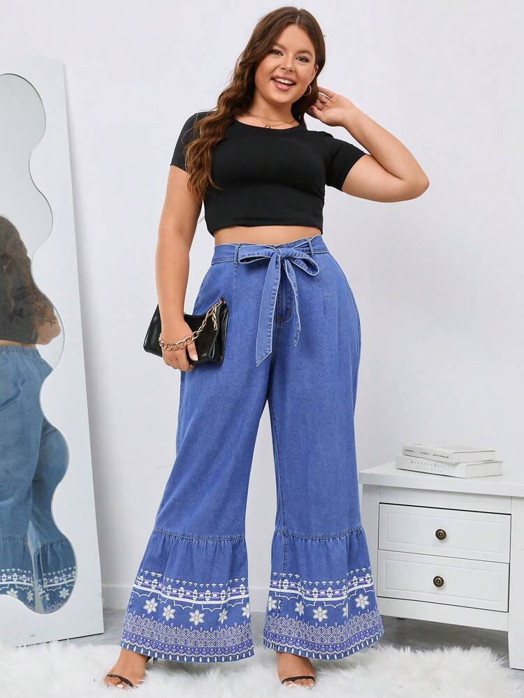 Plus Floral Print Ruffle Hem Belted Wide Leg Jeans