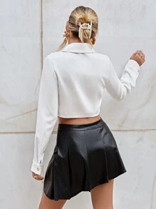 SHEIN Privé Solid Ruffle Trim Button Front Shirt - White - View 4