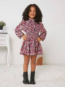 SHEIN Leap Crew 少女城市優雅立領花卉印花長袖洋裝,適用於春夏季 - 彩色 - 查看 5