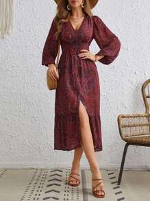 SHEIN VCAY Floral Print Lantern Sleeve Ruffle Hem Dress - Red - View 3