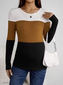 SHEIN 孕婦撞色條紋針織T恤 - 彩色 - 查看 3