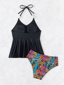 花卉印花褶皺領綁頸坦克泳衣 - 彩色 - 查看 7