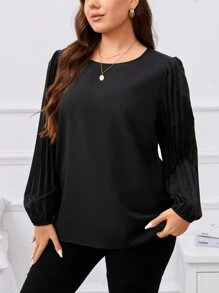 SHEIN Clasi Hơn Chất rắn Xếp li Tay áo lồng đèn Áo sơ mi - màu đen - Xem 3