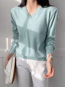 DAZY 女士纯色V领长袖休闲商务毛衣，秋冬，长袖上衣，秋季女装 - 綠色 - 查看 5