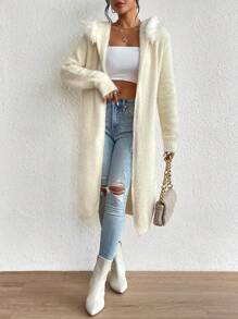 SHEIN Privé Thả vai Trang trí Fuzzy Kiểu Dài áo có mũ Áo len Mở - Màu be - Xem 4