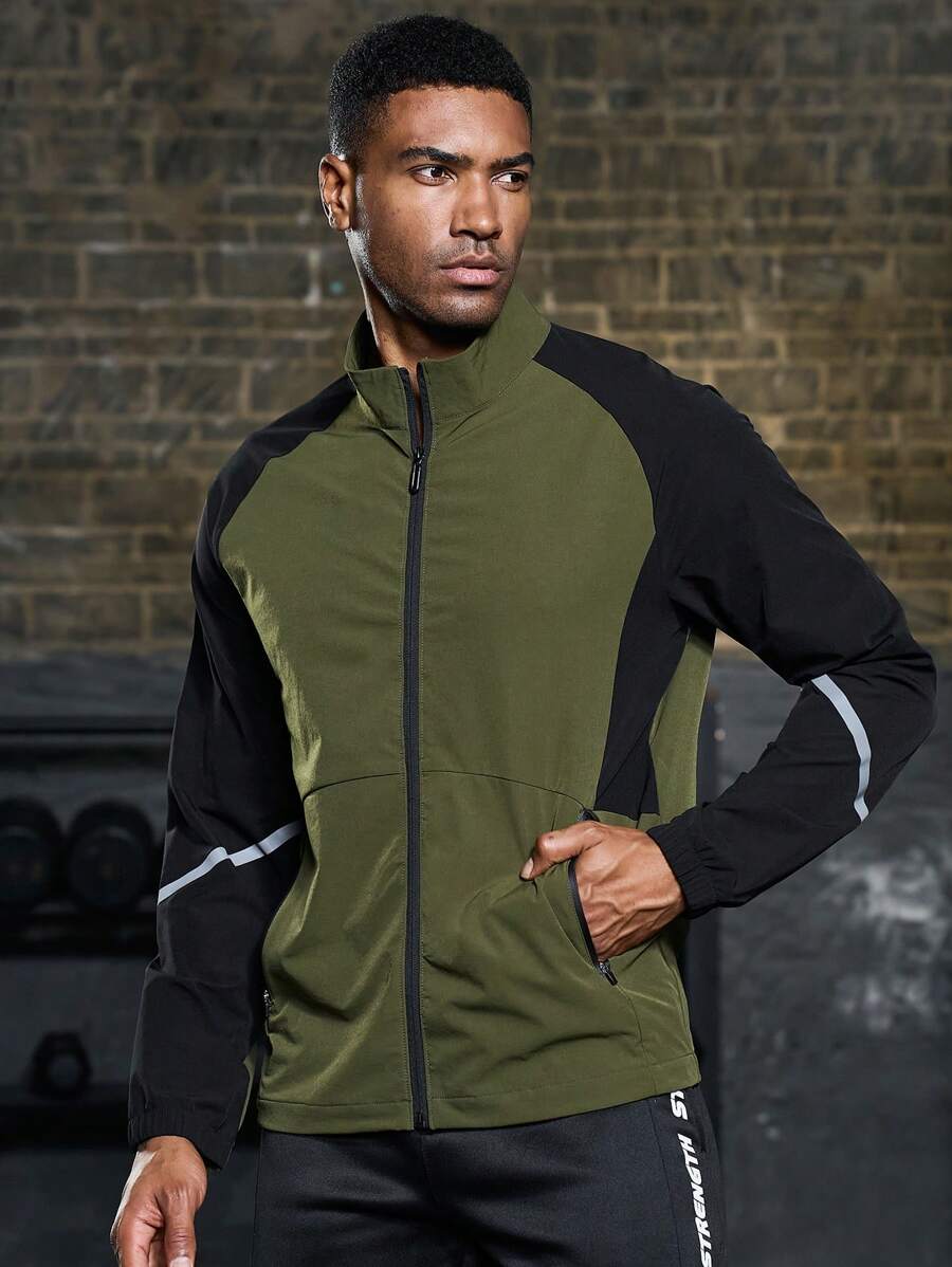 Manfinity Sport Corelite 男士連帽記載式衫衣，拉鍊式立領，撞色運動外套，側邊縫線對比設計，運動上衣 - 軍綠色 - 查看 1
