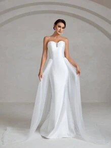 Floor Length Mesh Tube Wedding Dress - White - View 4