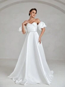 Faeriesty Off Shoulder Puff Sleeve Satin Wedding Dress - White - View 4