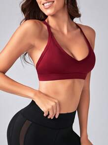 Menodora SHEIN Sport Solid Strappy Back Sports Bra - Burgundy - View 2