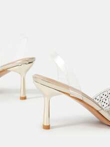 女士透明時尚鑲有水晶鑽石的高跟鞋 - 金色 - 查看 4