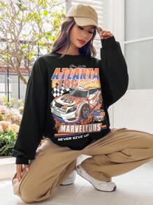 SHEIN EZwear Women's European And American Style Loose Fit Sweatshirt With Racing Slogan Print - Black - View 4