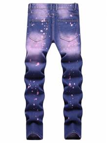 Men Splash Ink Print Ripped Frayed Bleach Wash Jeans - Purple - View 2