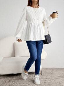 SHEIN Maternity Solid Flounce Sleeve Peplum Blouse - White - View 3