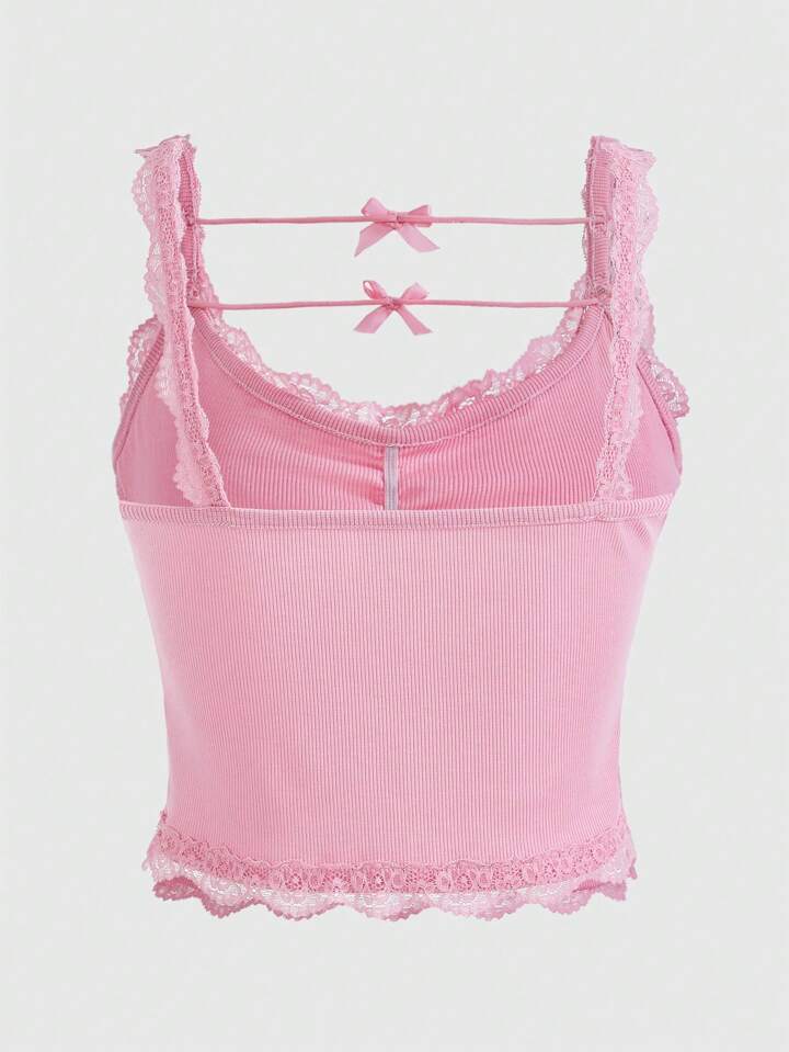 Our Kawaii Lace Trim Bow Front Cami Top is such a vibe - ROMWE