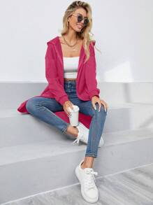 SHEIN Essnce Zip Up Drop Shoulder Drawstring Thermal Lined Hoodie - Hot Pink - View 3