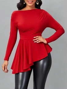 SHEIN Lady 素色不對稱下擺T恤 - 紅色 - 查看 6